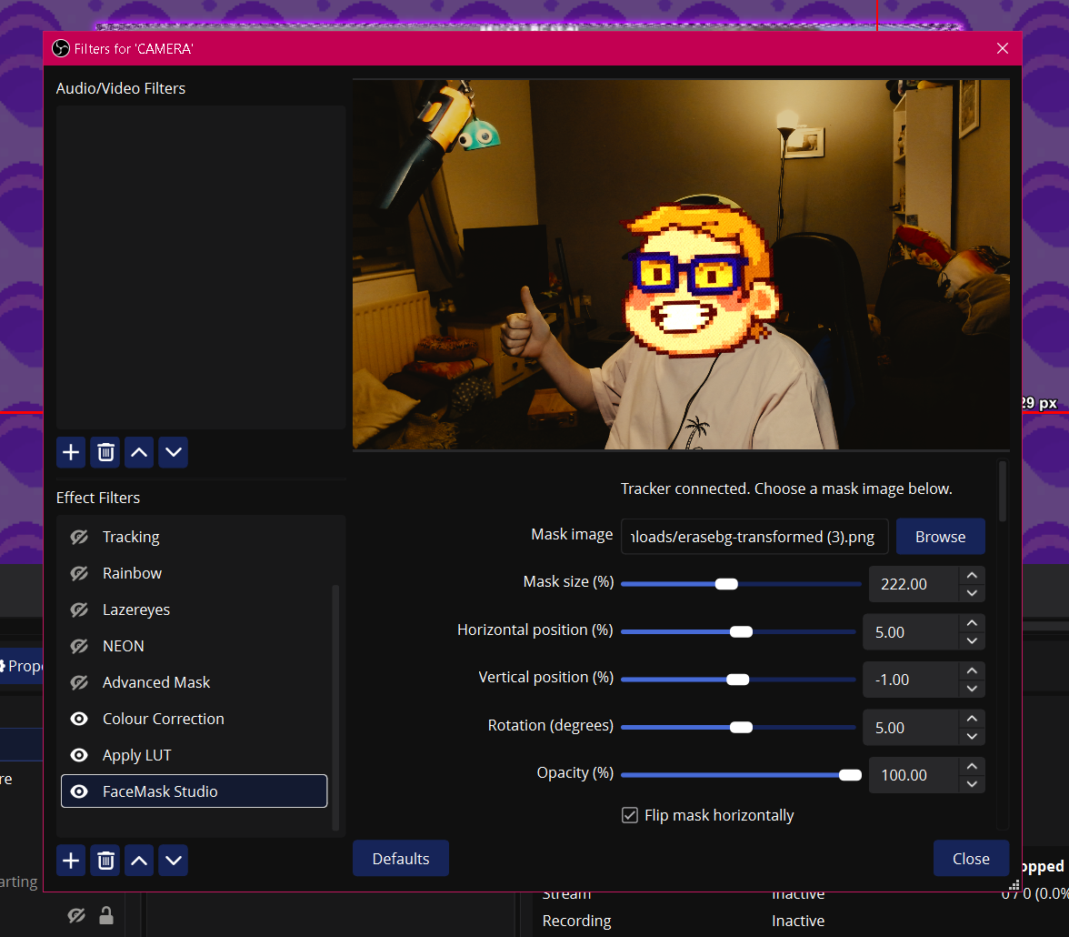 An animated GIF mask running on a camera source in OBS.