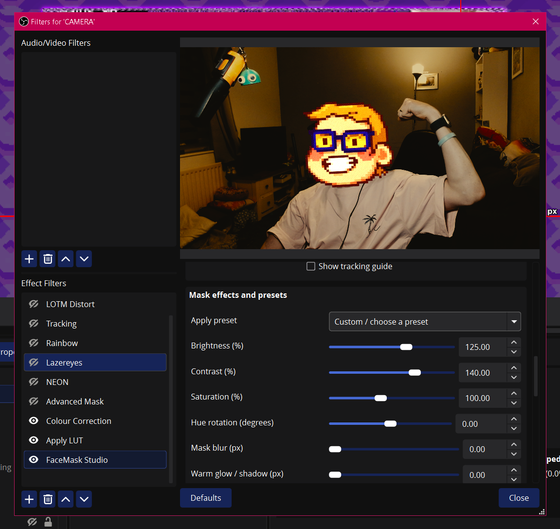 Mask effects and colour controls.