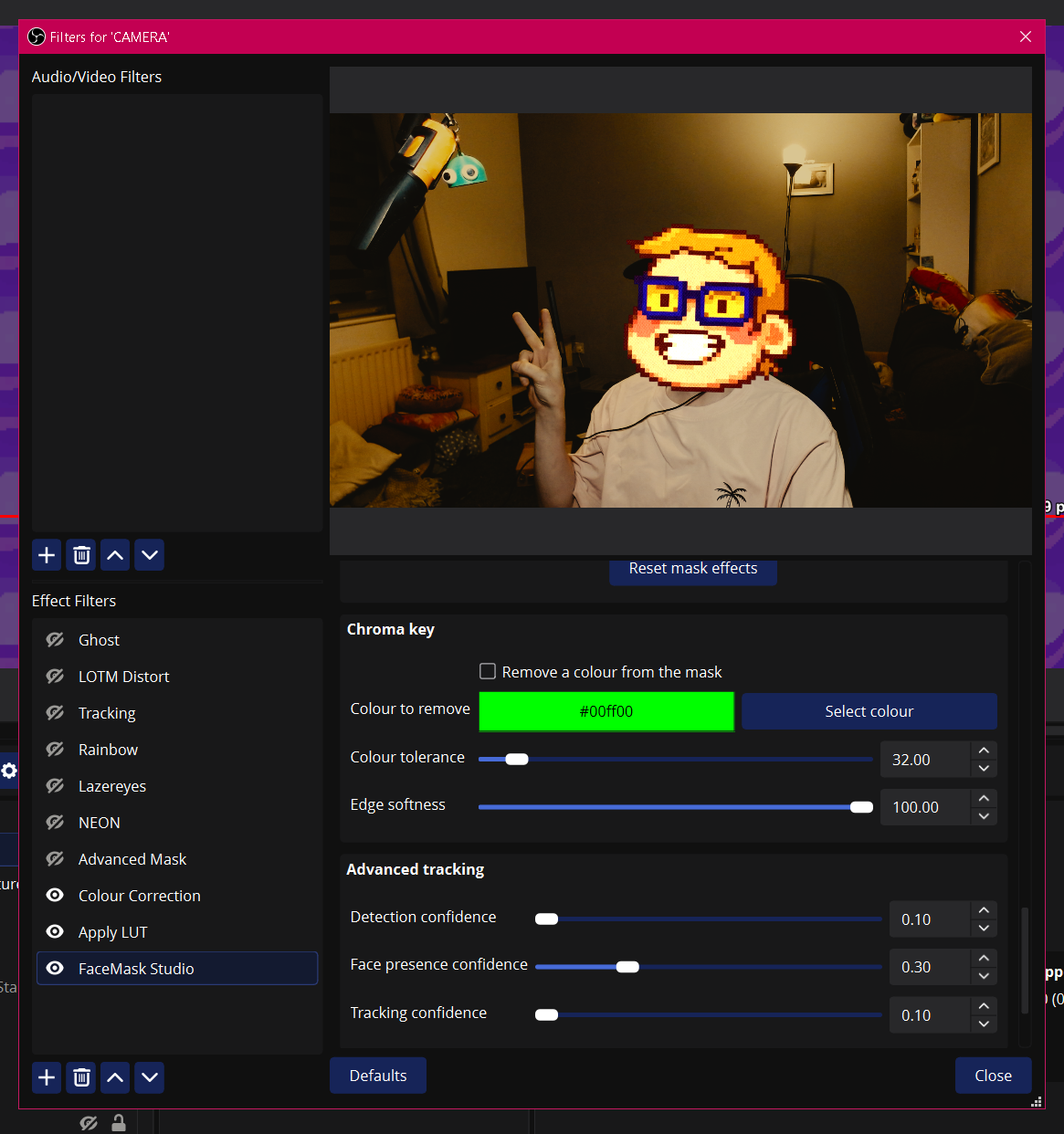 Chroma key and advanced tracking controls.